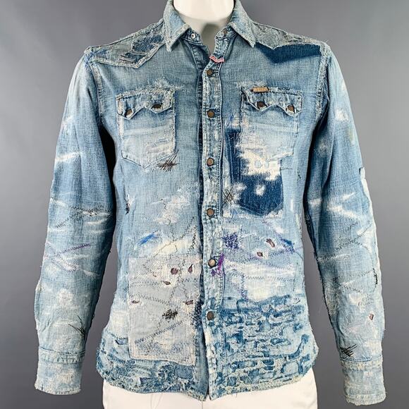 KAPITAL Size L Indigo Distressed Denim Snaps Long Sleeve Shirt - Picture 1 of 6